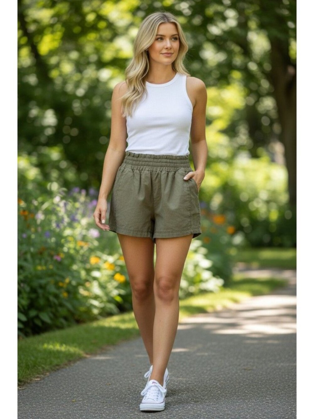 Aerie Olive Green Cotton-Blend Elastic Waist Relaxed Fit Shorts With Pockets Siz